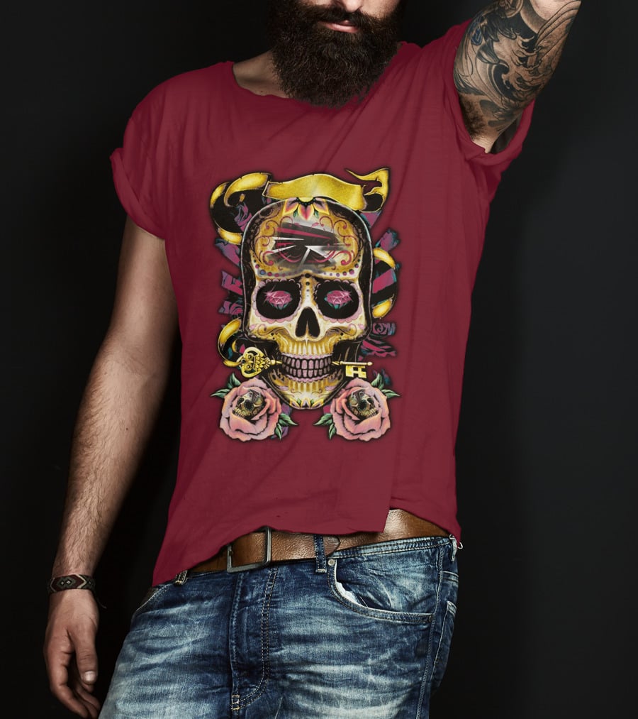 Atlanta Falcons Skull With Roses And Key T-Shirt