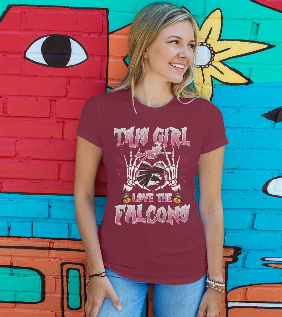 This Girl Love The Falcons Halloween Skeleton Hands Pumpkin T-Shirt