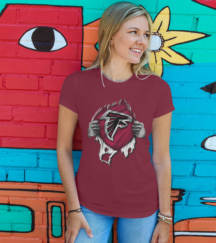 Torn Atlanta Falcons Logo With Hands Emerging T-Shirt