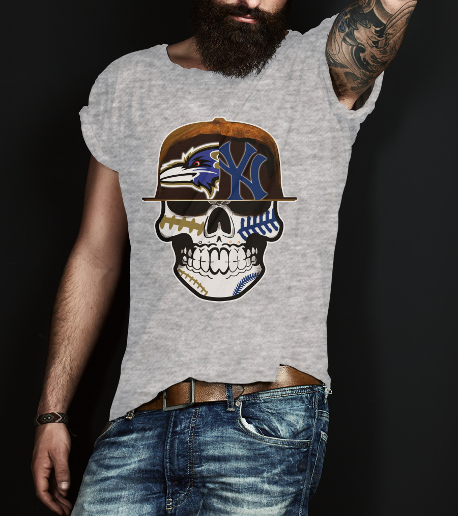 Baltimore Ravens New York Yankees Skull Hat T-Shirt