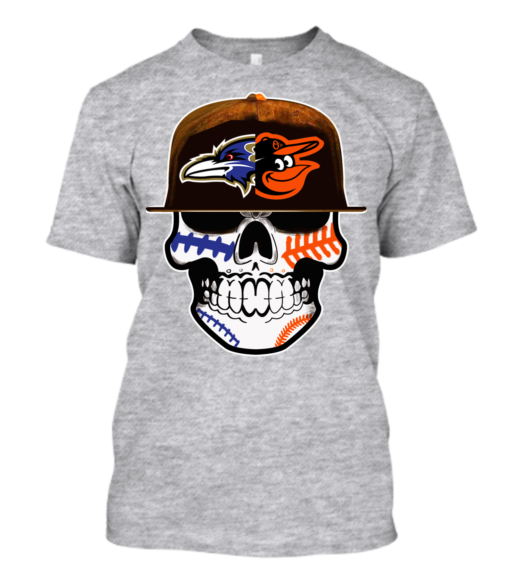 Baltimore Ravens Orioles Skull Baseball Crossover T-Shirt