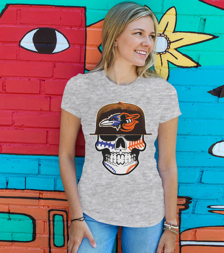Baltimore Ravens Orioles Skull Baseball Crossover T-Shirt