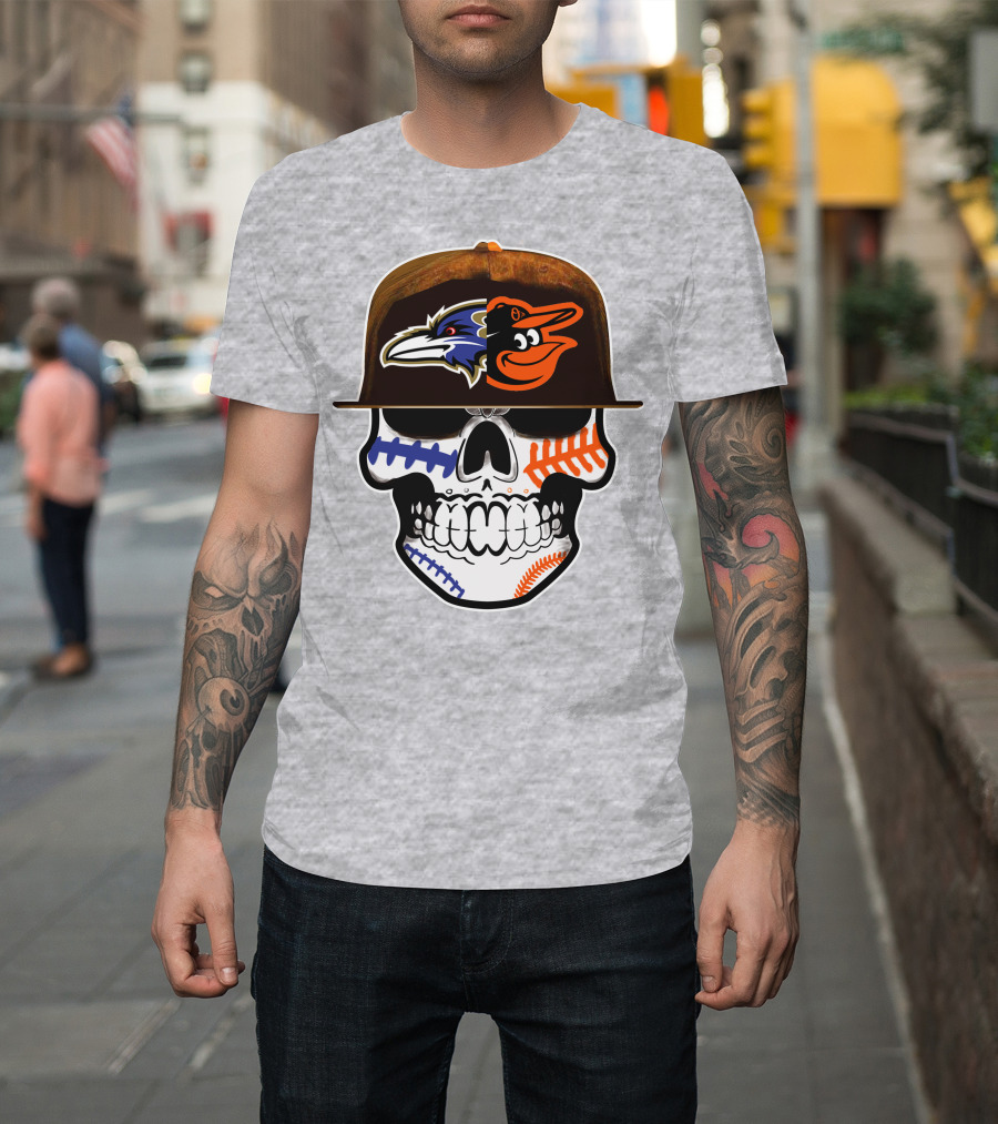 Baltimore Ravens Orioles Skull Baseball Crossover T-Shirt