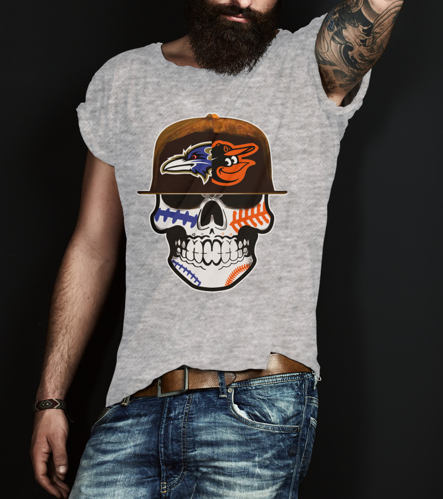 Baltimore Ravens Orioles Skull Baseball Crossover T-Shirt