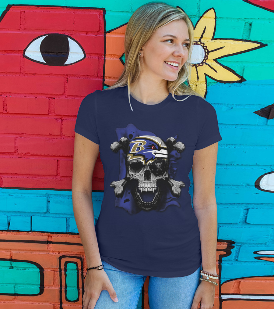 Baltimore Ravens Skull And Crossbones Logo Dark Theme T-Shirt
