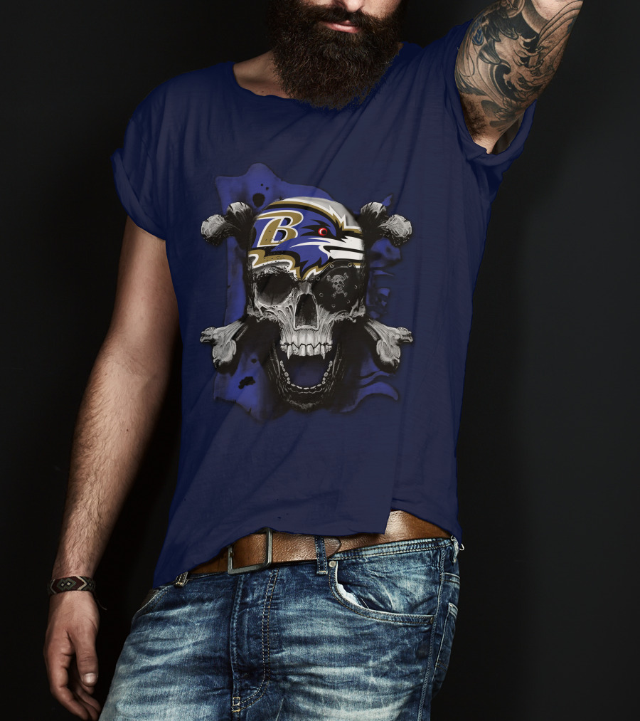 Baltimore Ravens Skull And Crossbones Logo Dark Theme T-Shirt