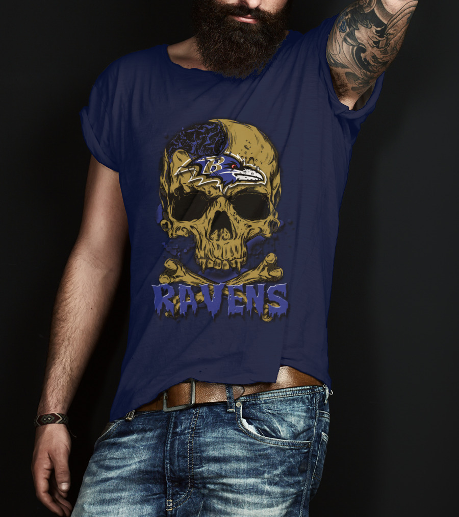 Baltimore Ravens Skull Artwork With Logo And Number T-Shirt