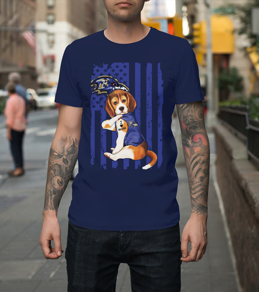 Beagle Puppy I Love Mom Baltimore Ravens Fan With Tattoo And Team Jersey T-Shirt