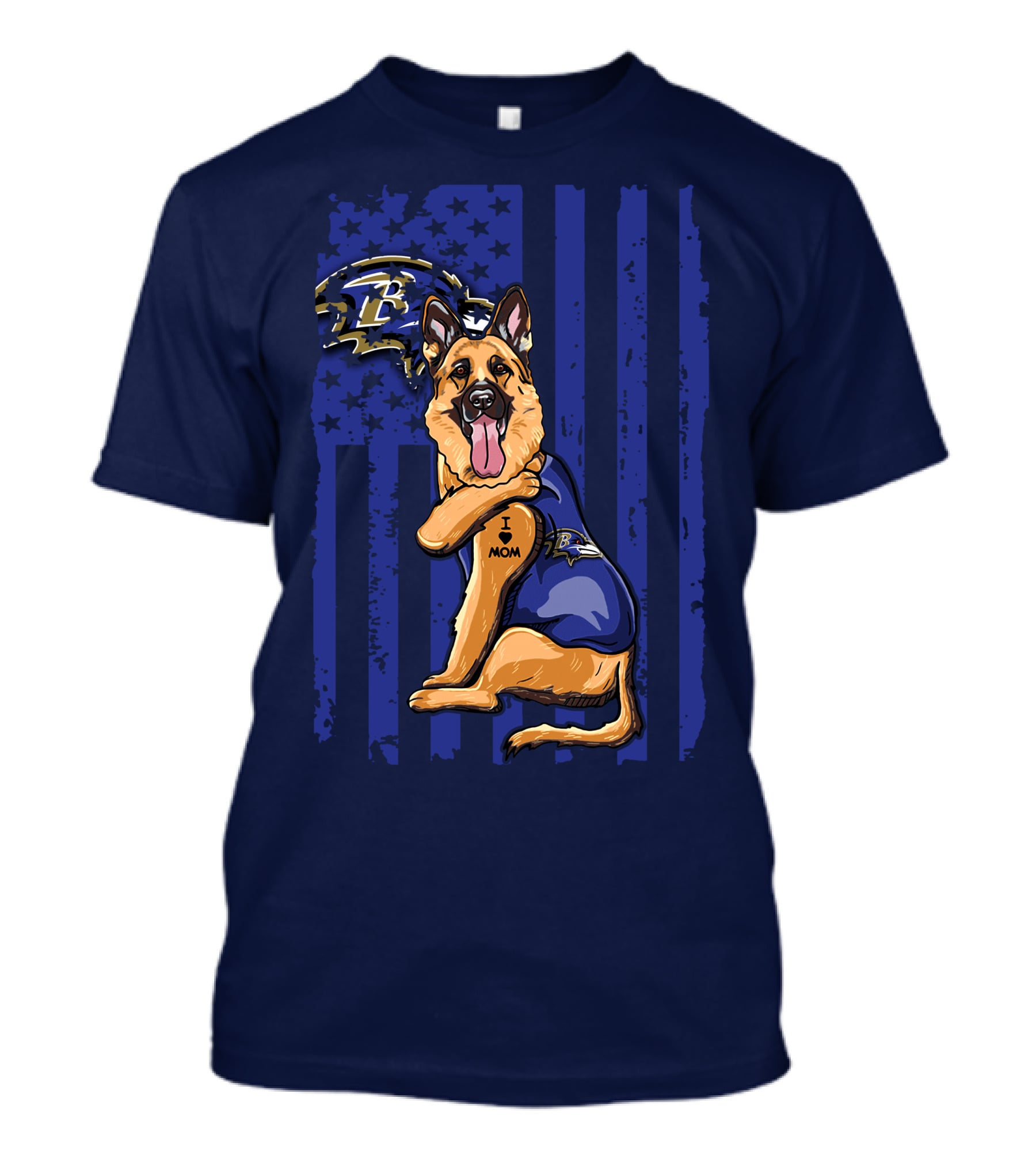 German Shepherd Illustrated With Baltimore Ravens NFL Symbol And I Love Mom Tattoo T-Shirt