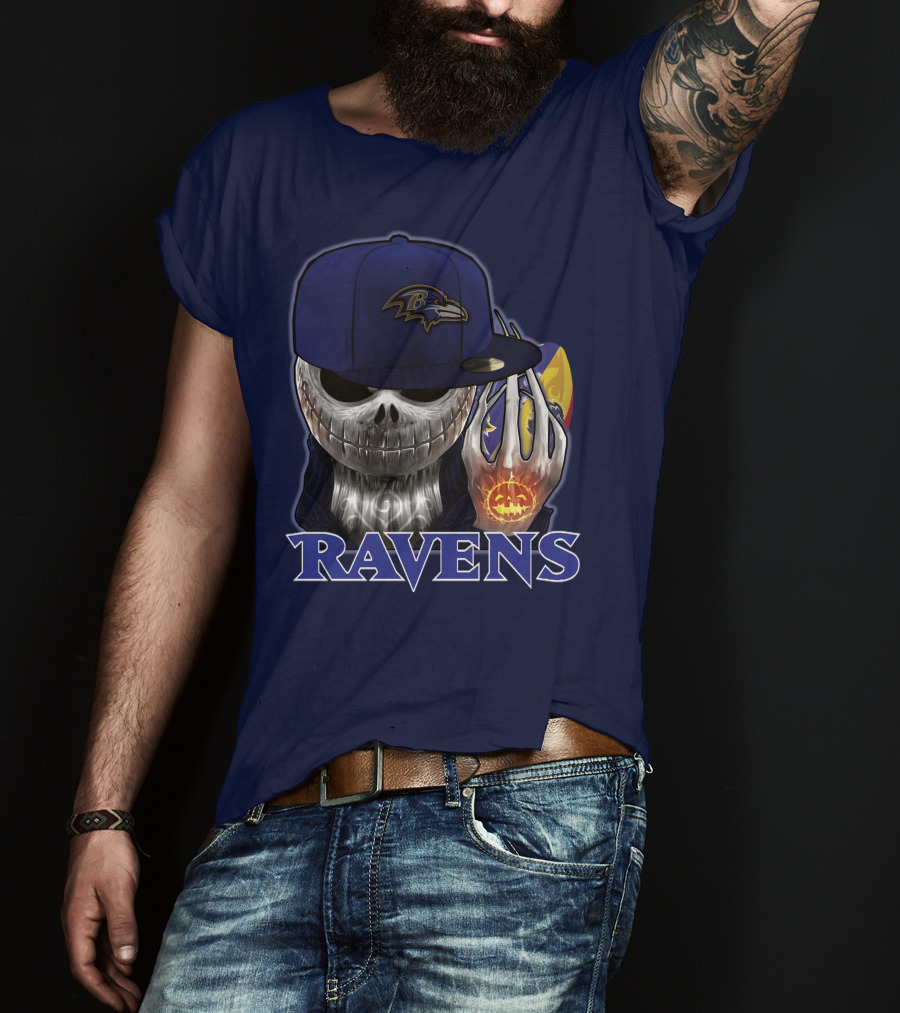 Jackskull Ravens Baltimore Football Logo And Pumpkin T-Shirt
