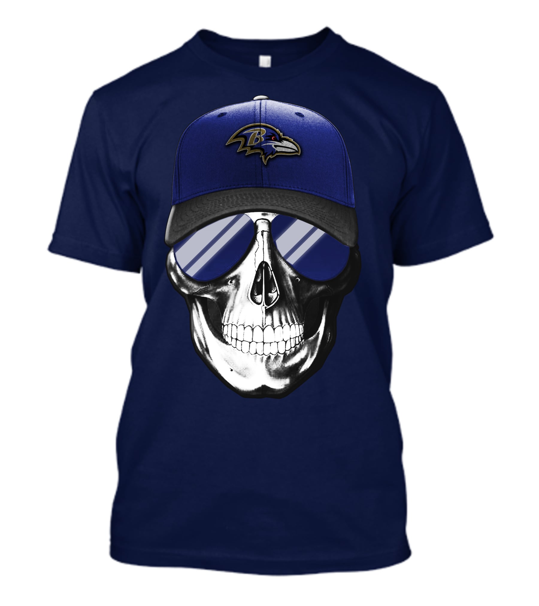 Skull With Baltimore Ravens Cap And Sunglasses T-Shirt