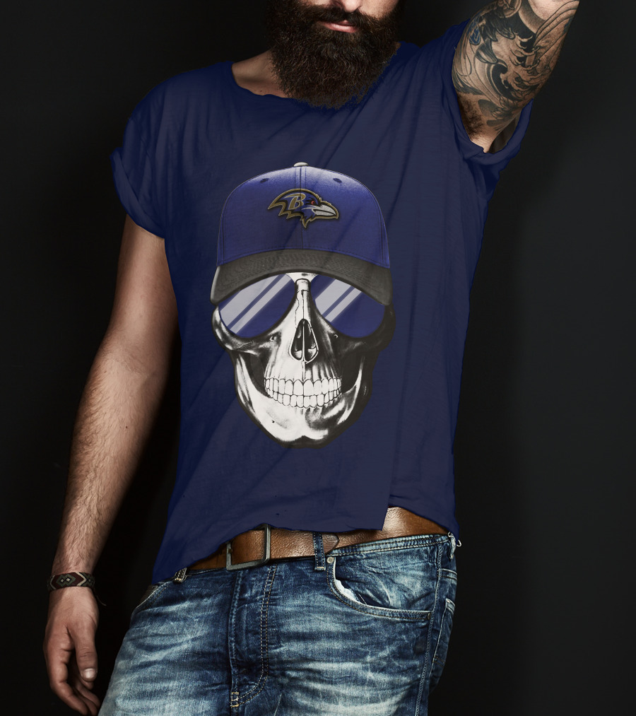 Skull With Baltimore Ravens Cap And Sunglasses T-Shirt