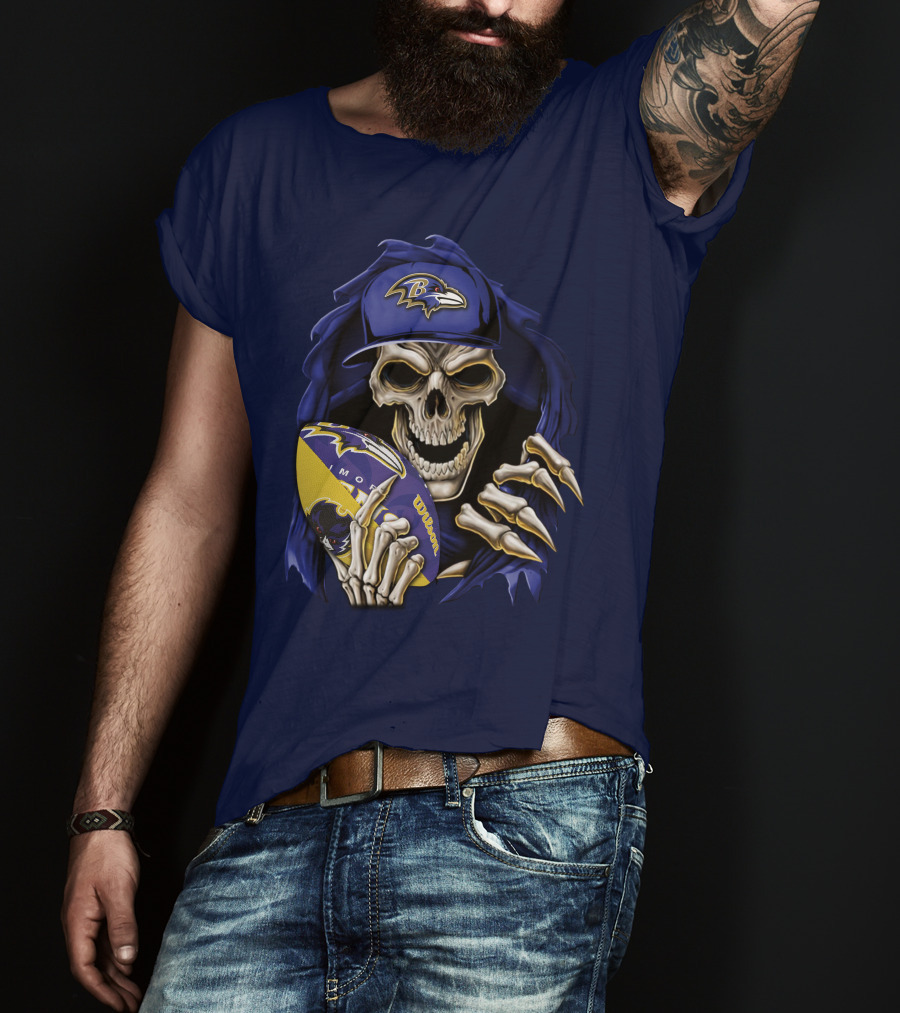 Skullbong Baltimore Ravens Skeleton With Football And Cap T-Shirt