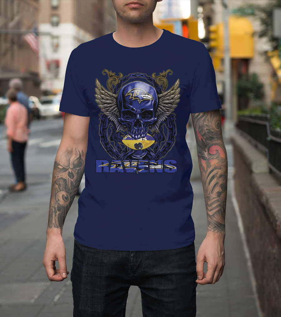 Baltimore Ravens Skull With Wings And Chain T-Shirt