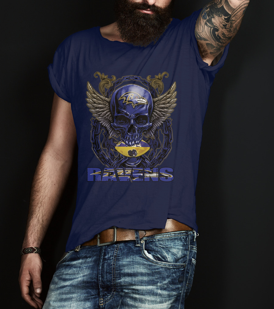 Baltimore Ravens Skull With Wings And Chain T-Shirt