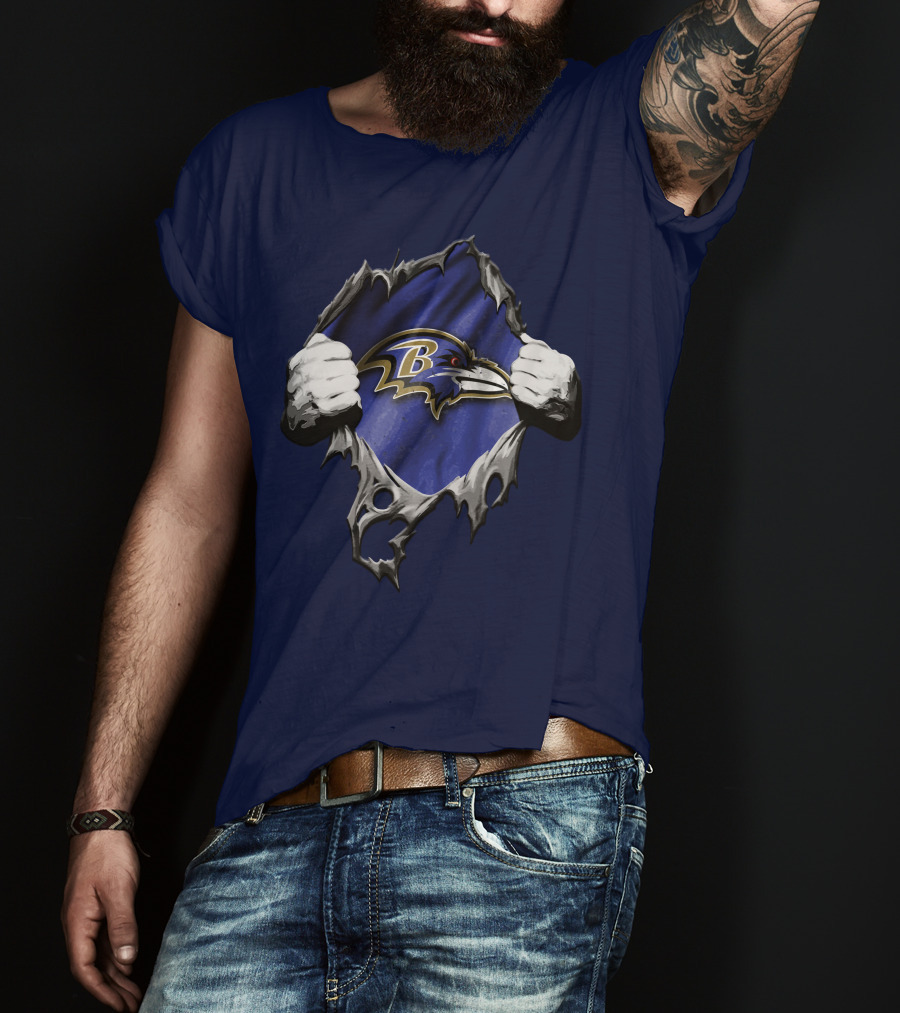 Torn V2 Baltimore Ravens Logo With Ripping Hands On Blue T-Shirt