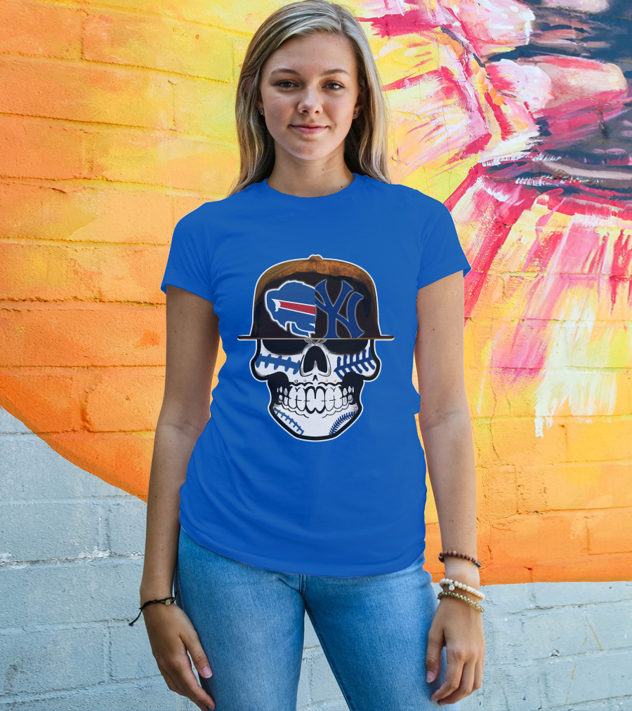 Buffalo Bills 75 Skull Design With Split Logo Yankees Cap T-Shirt