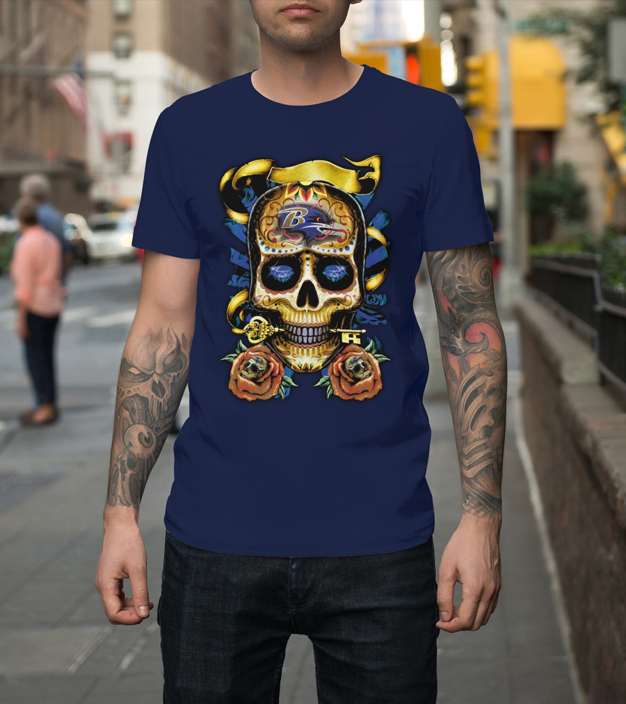 Baltimore Ravens Sugar Skull Art With Roses And Ribbon T-Shirt