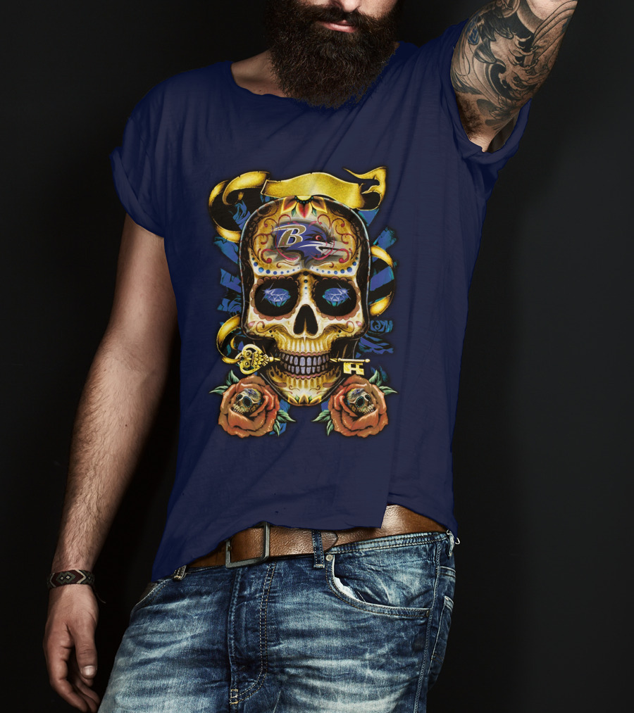 Baltimore Ravens Sugar Skull Art With Roses And Ribbon T-Shirt