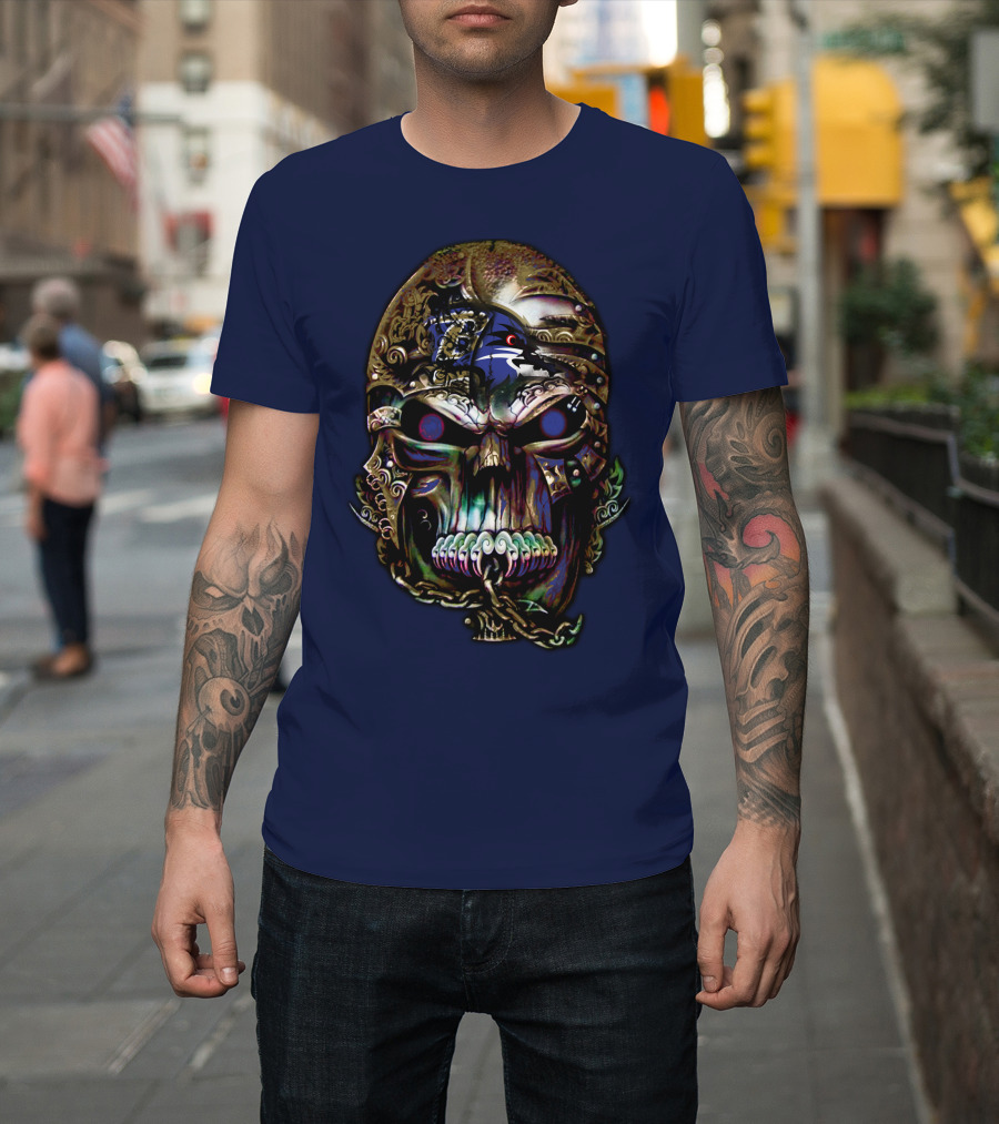 Baltimore Ravens 70 Skull Design With Ravens Logo And Metallic Elements T-Shirt