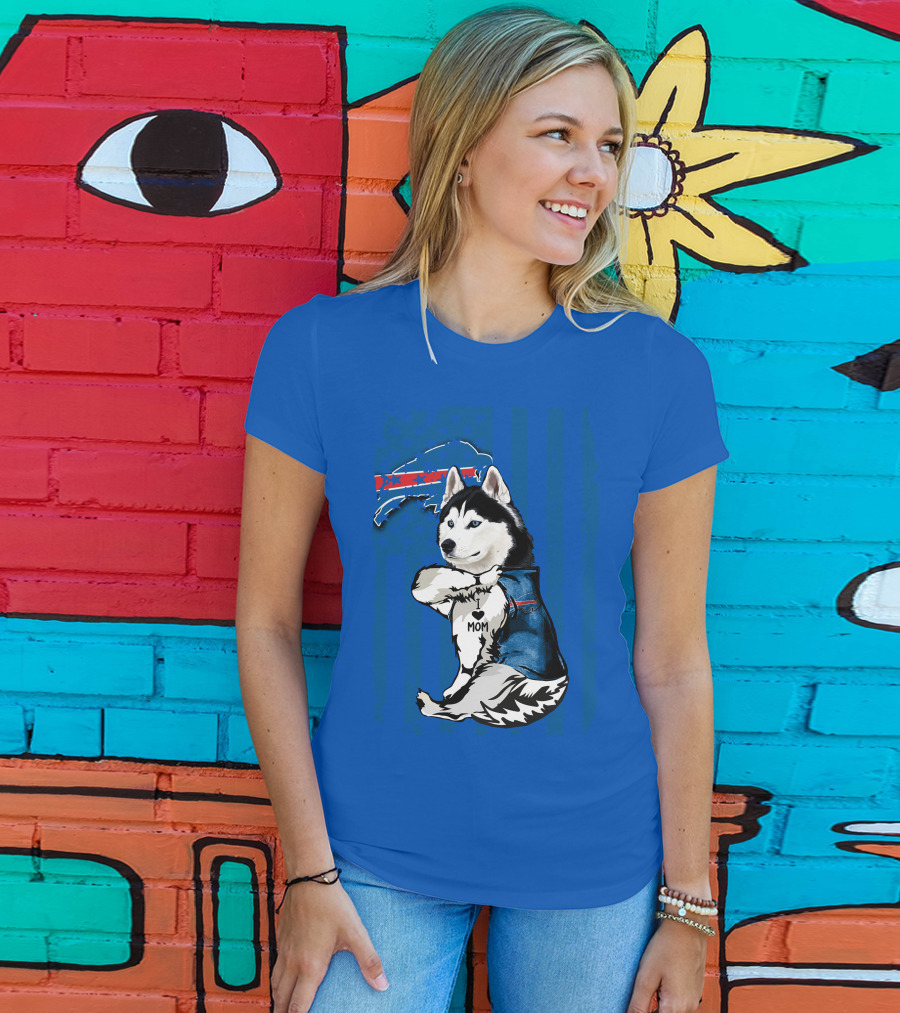Siberian Husky Wearing Blue Buffalo Bills Vest With Heart Mom Tattoo And Flag T-Shirt