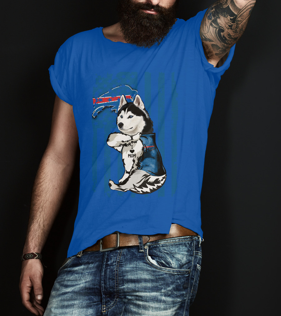 Siberian Husky Wearing Blue Buffalo Bills Vest With Heart Mom Tattoo And Flag T-Shirt