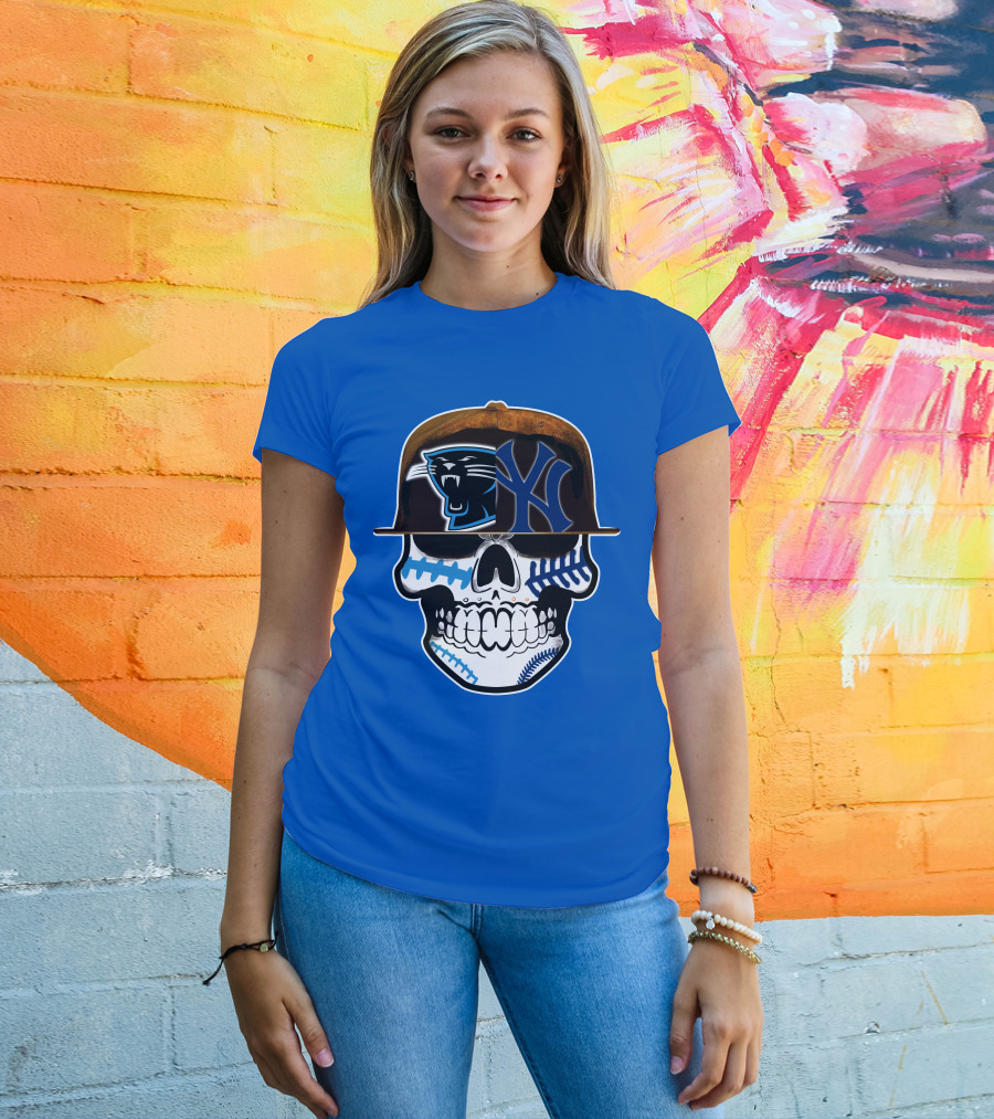 Carolina Panthers New York Yankees Skull Hat T-Shirt