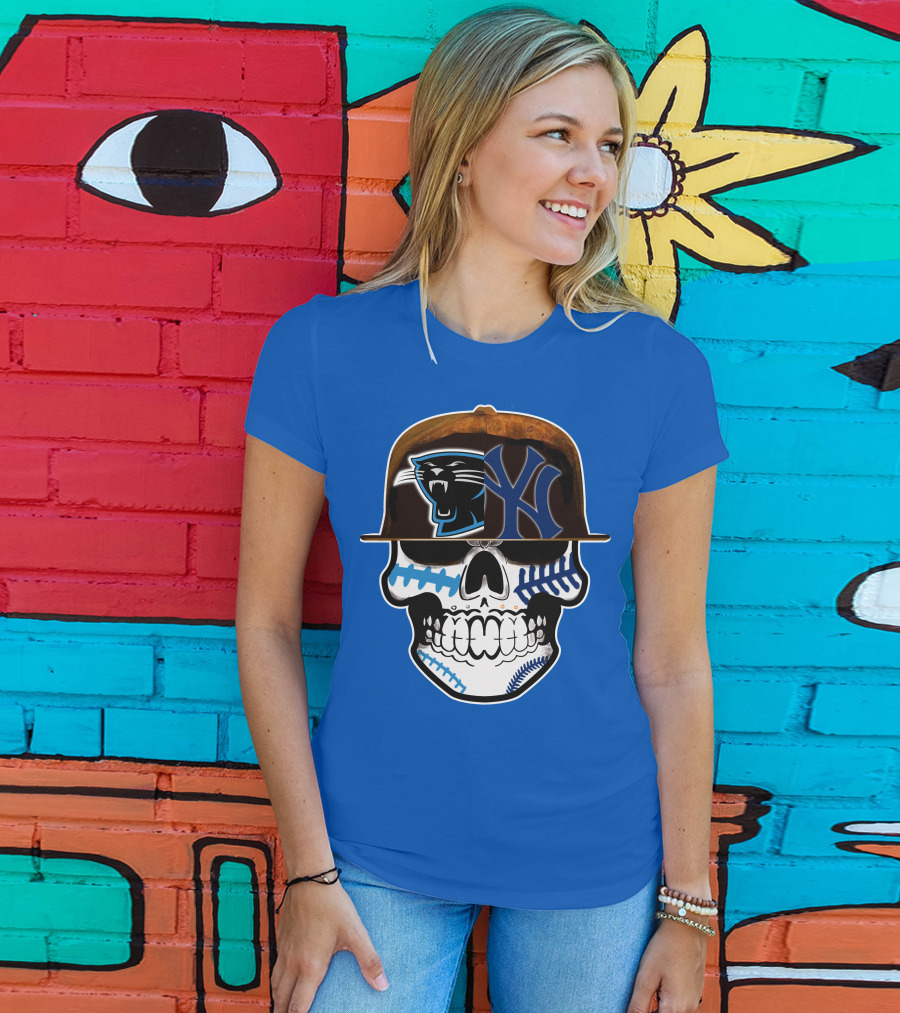 Carolina Panthers New York Yankees Skull Hat T-Shirt