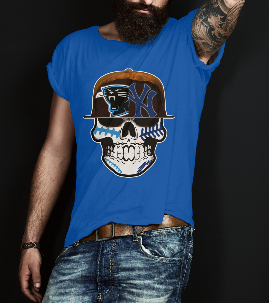 Carolina Panthers New York Yankees Skull Hat T-Shirt