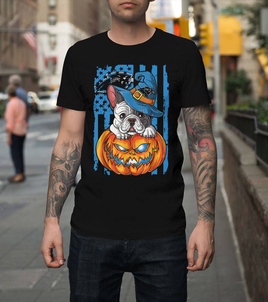 Bulldog Halloween Pumpkin Outfit Carolina Panthers Fan Style T-Shirt