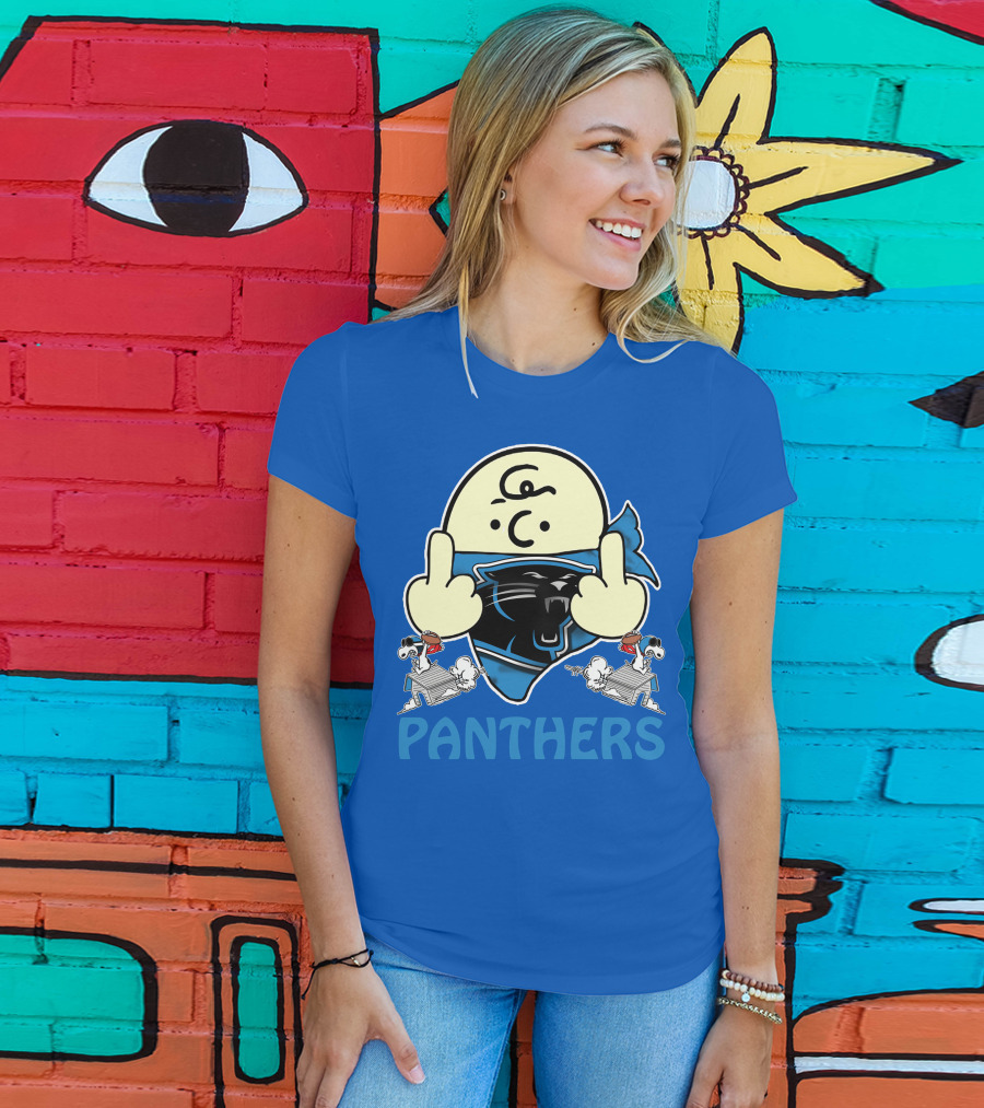 Carolina Panthers Bold Cartoon Character With Snoopy Imagery Middle Finger Salute T-Shirt