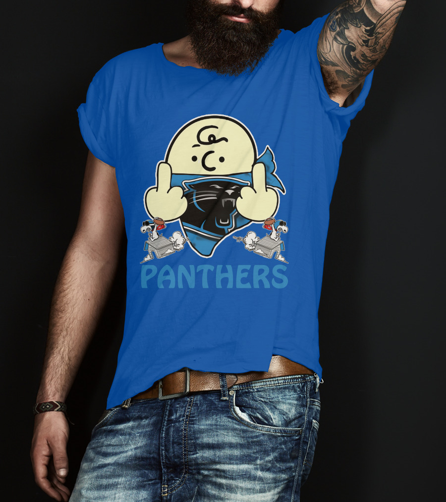Carolina Panthers Bold Cartoon Character With Snoopy Imagery Middle Finger Salute T-Shirt