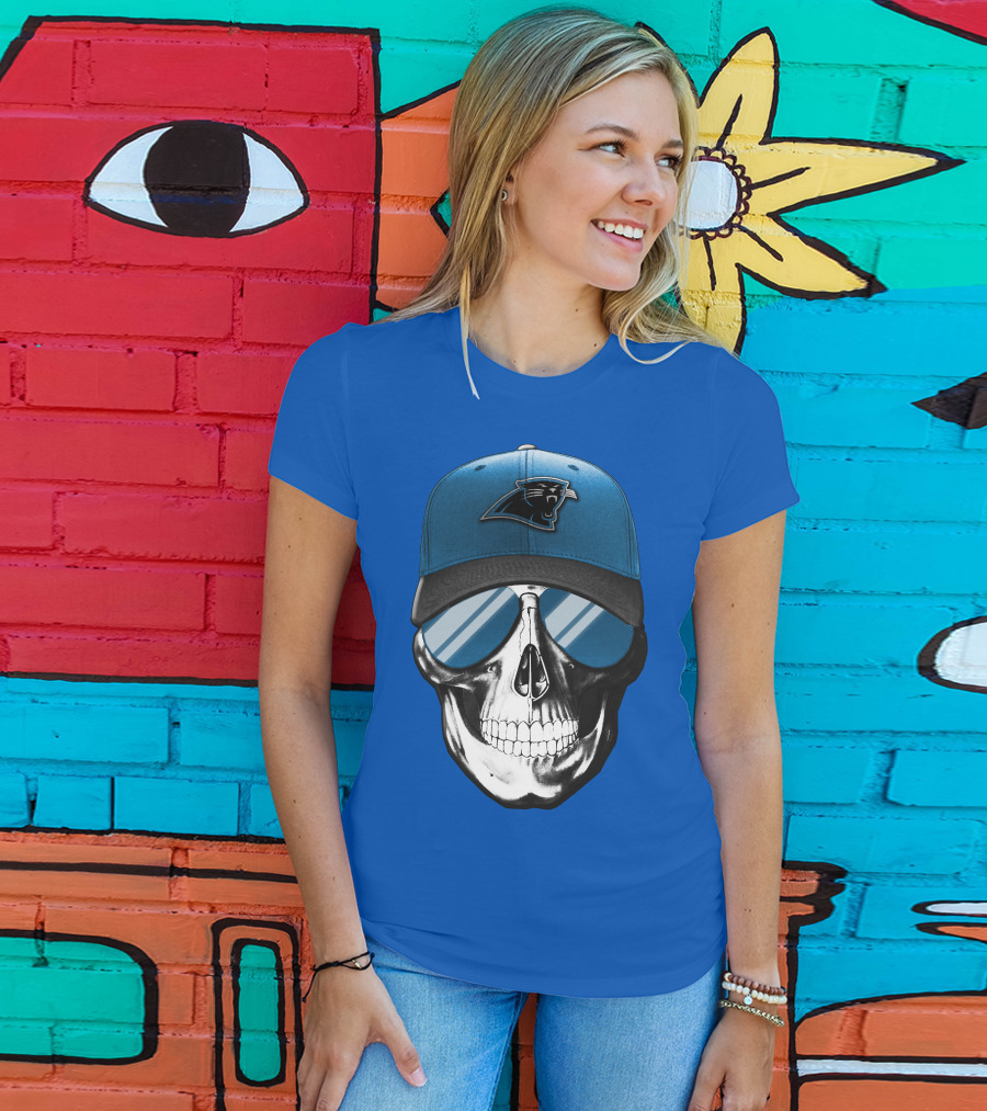 Skull Wearing Carolina Panthers Logo Hat With Reflective Sunglasses T-Shirt