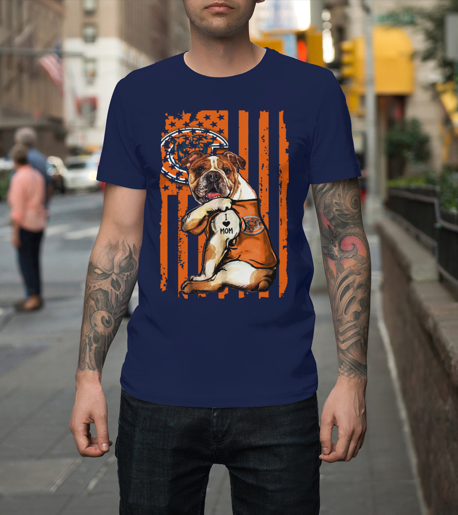 Bulldog I Love Mom Chicago Bears Orange And Blue Stripes T-Shirt