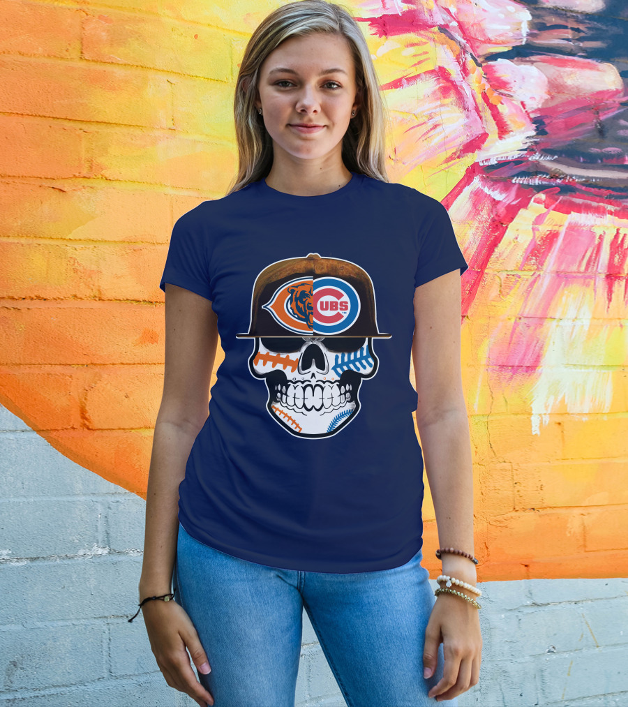 Chicago Bears Cubs Skull Cap Dual Logo Fusion T-Shirt