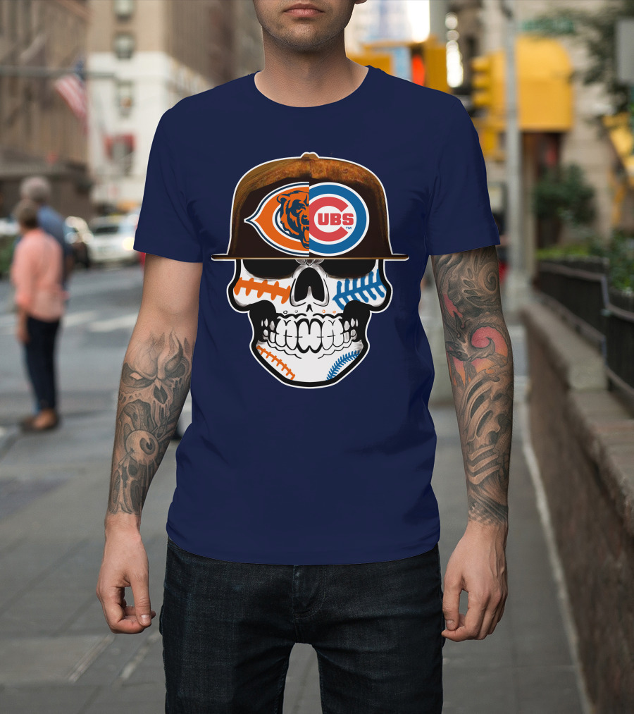 Chicago Bears Cubs Skull Cap Dual Logo Fusion T-Shirt