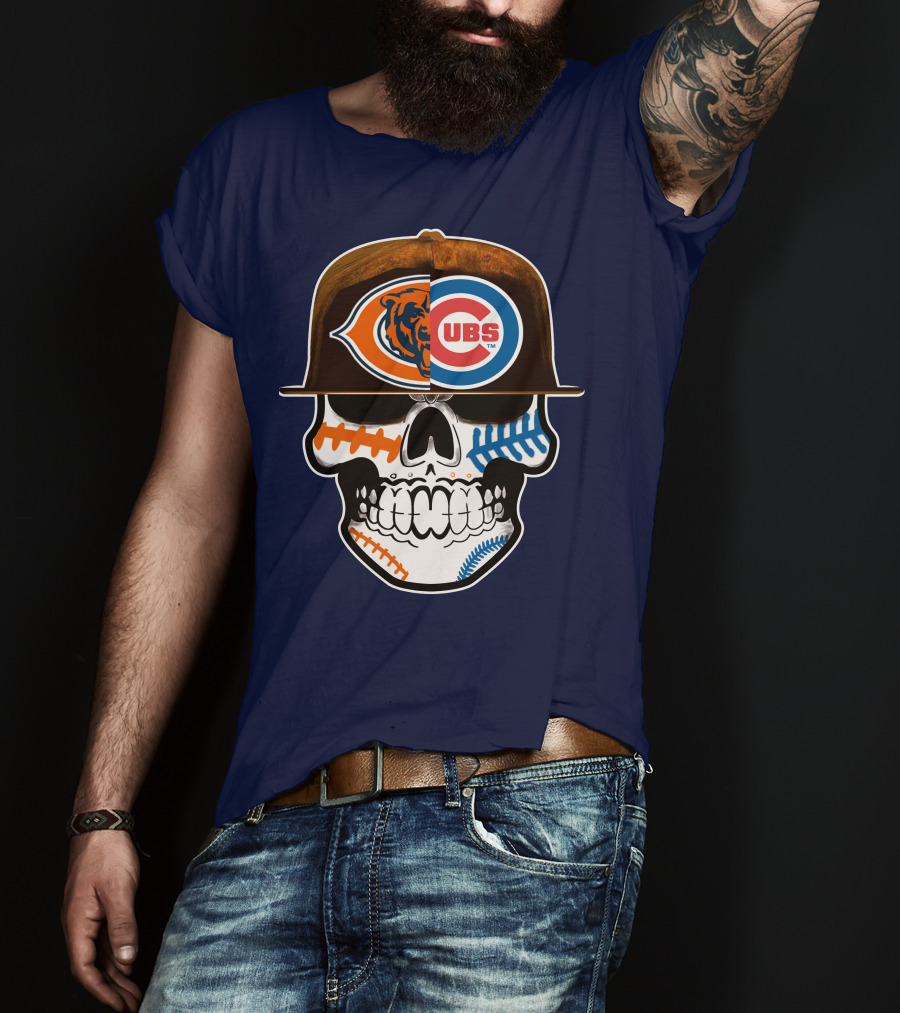 Chicago Bears Cubs Skull Cap Dual Logo Fusion T-Shirt
