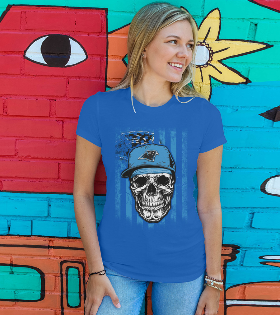 Skull With Carolina Panthers Cap And American Flag Elements T-Shirt