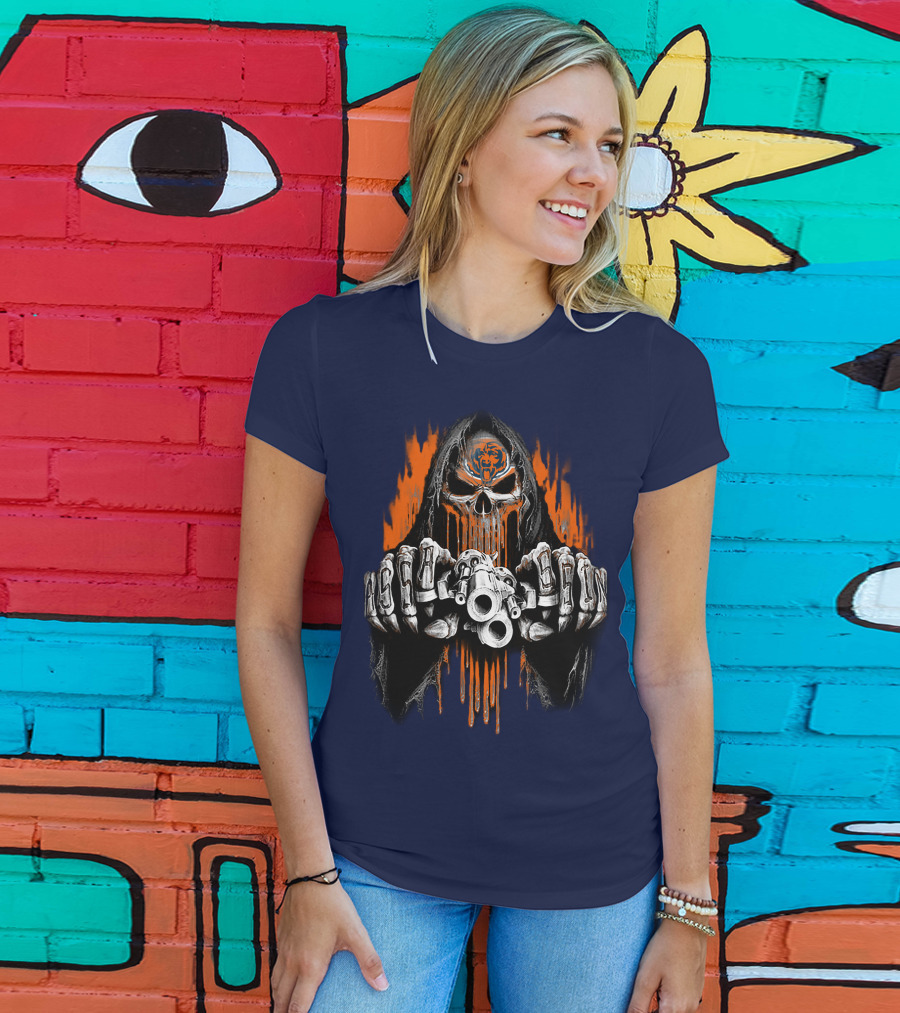 Chicago Bears Grim Reaper Skull With Orange Flames And Skull Knuckles T-Shirt