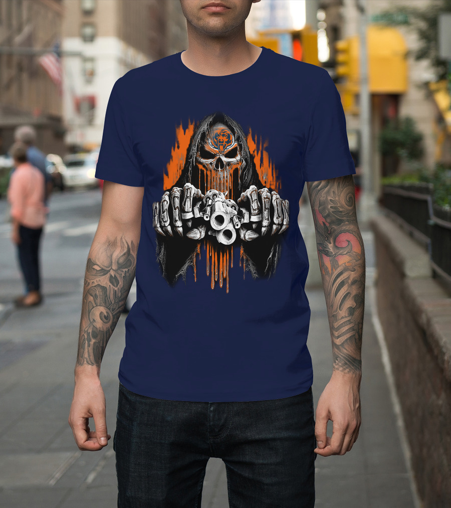 Chicago Bears Grim Reaper Skull With Orange Flames And Skull Knuckles T-Shirt