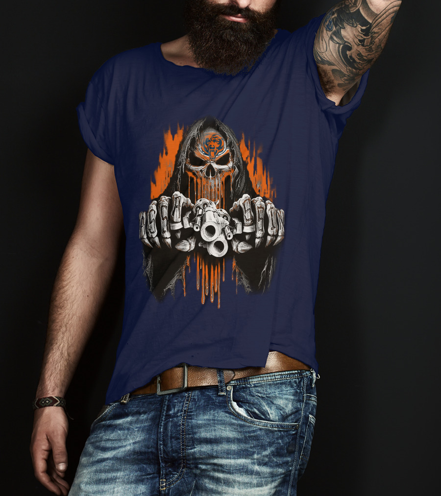 Chicago Bears Grim Reaper Skull With Orange Flames And Skull Knuckles T-Shirt