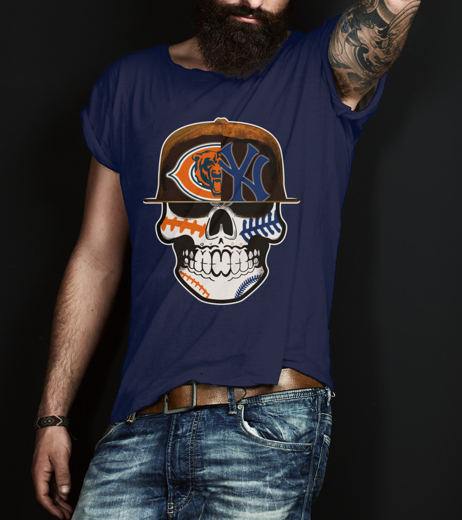 Chicago Bears Yankees Skull Football Baseball Fusion T-Shirt