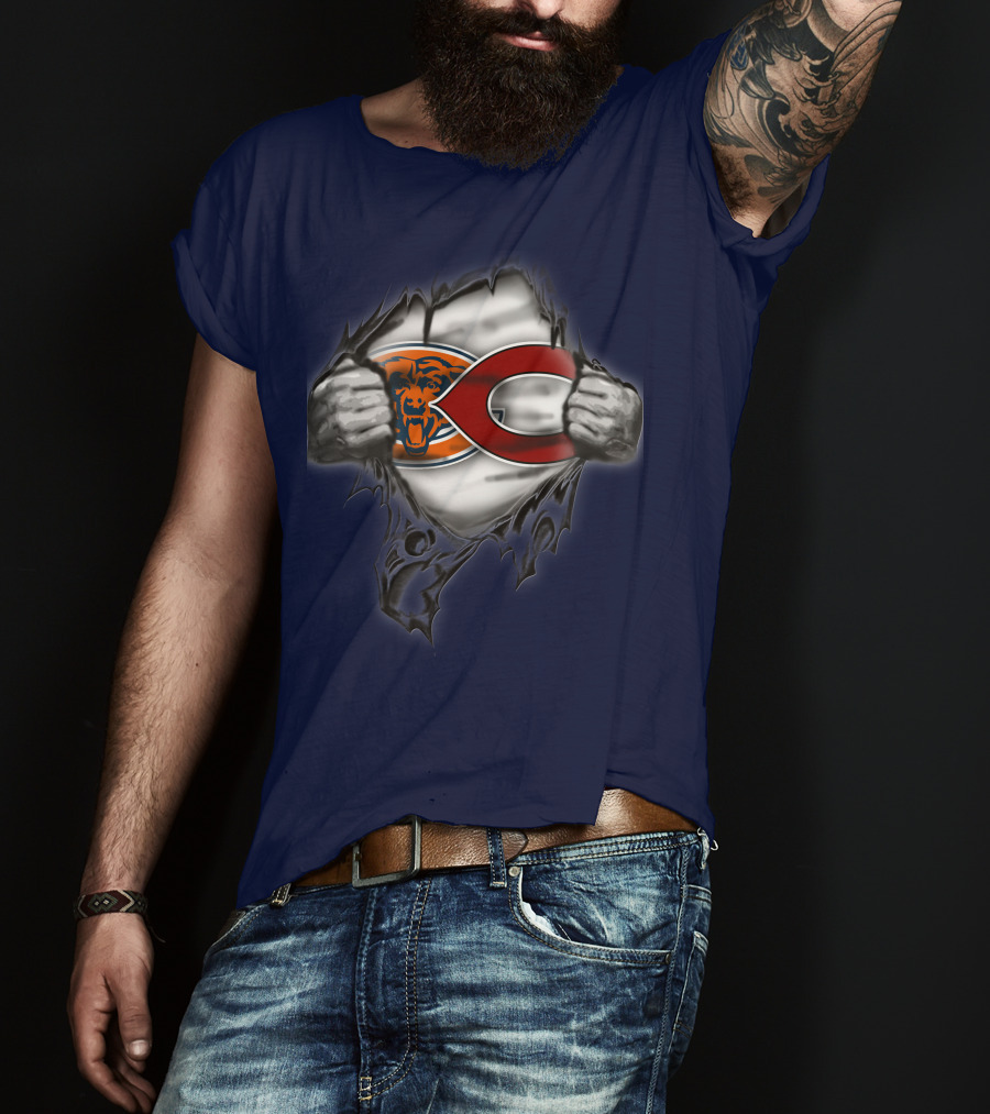 Chicago Bears Crossover With Logo And Bear Head T-Shirt