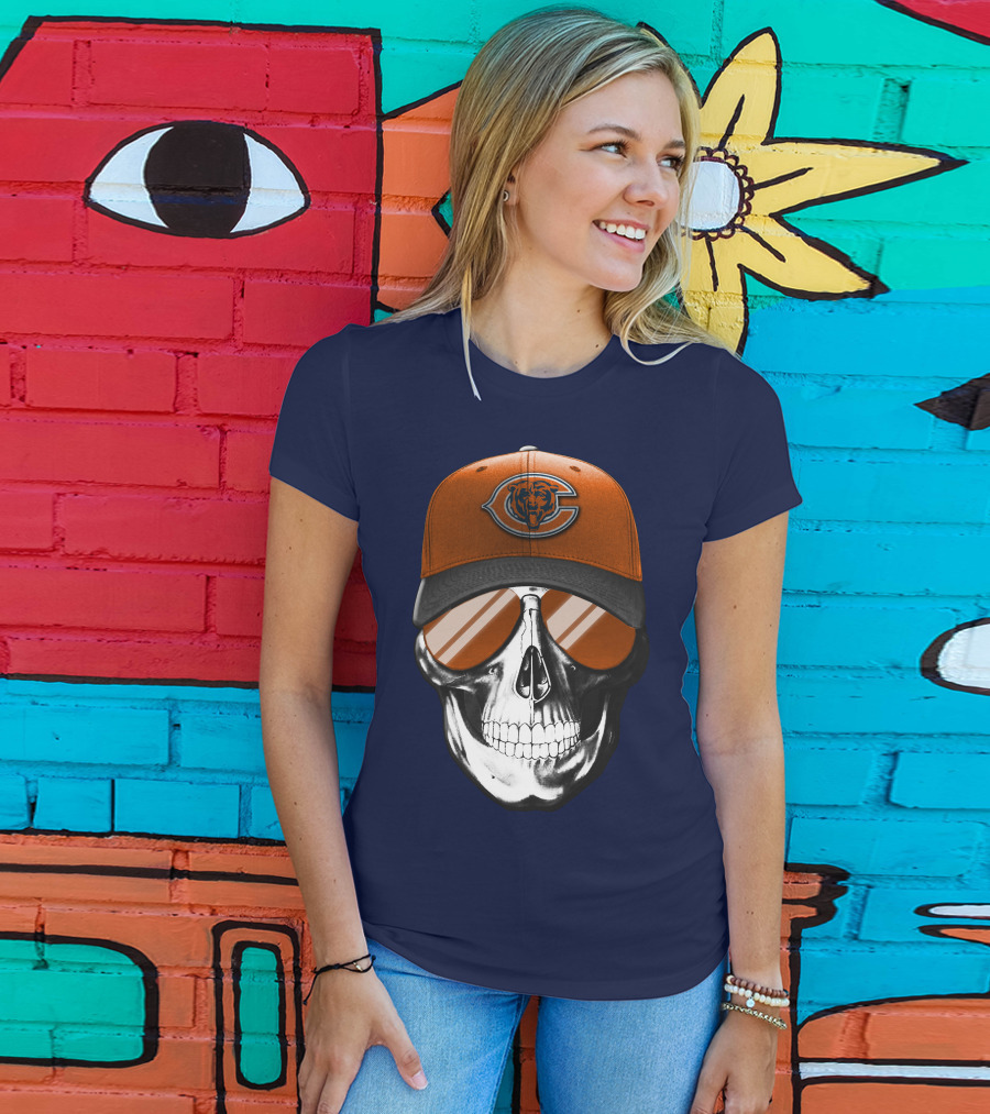 Skull V7 Chicago Bears Cap And Sunglasses T-Shirt