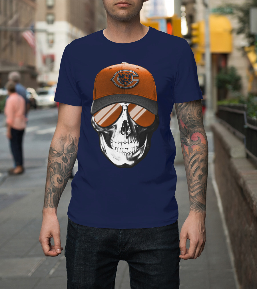 Skull V7 Chicago Bears Cap And Sunglasses T-Shirt