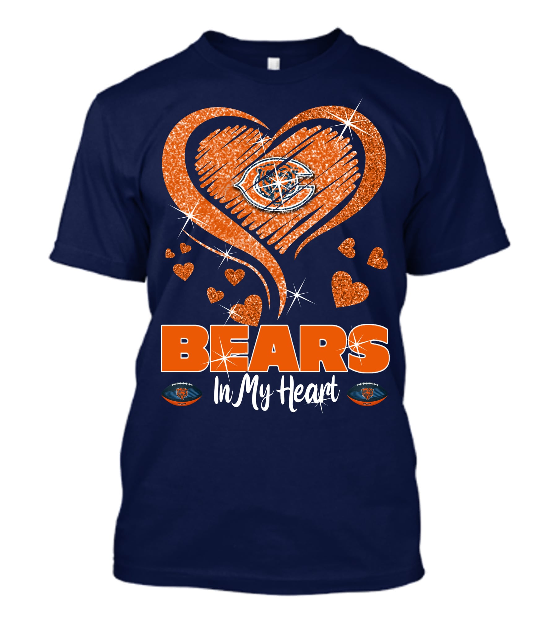 Bears In My Heart Chicago Bears Sparkling Hearts Navy Blue T-Shirt