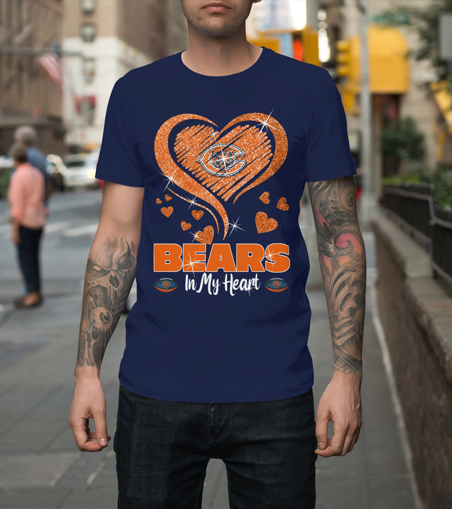 Bears In My Heart Chicago Bears Sparkling Hearts Navy Blue T-Shirt