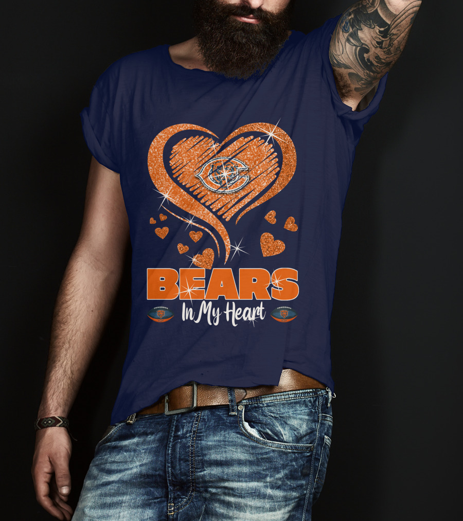Bears In My Heart Chicago Bears Sparkling Hearts Navy Blue T-Shirt