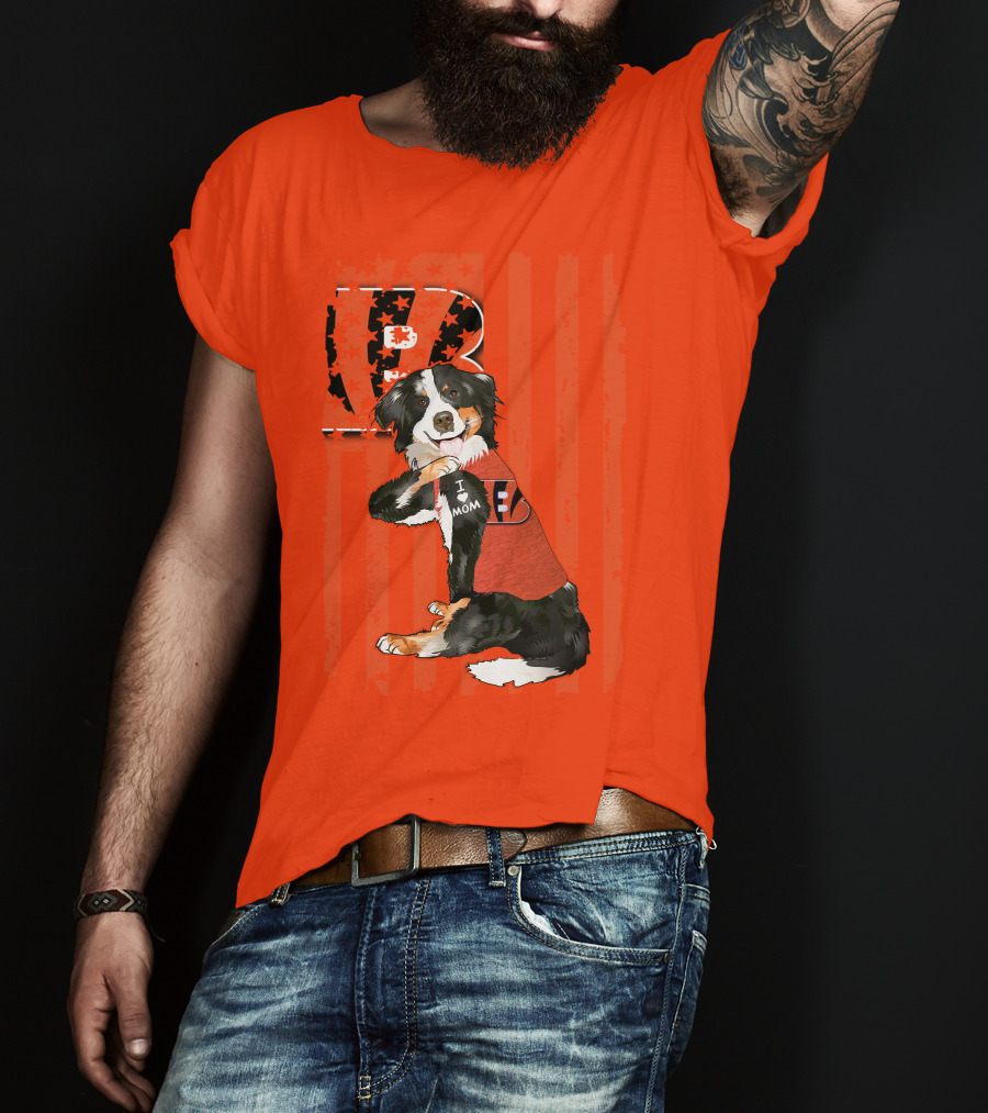 Border Collie I Love Mom Cincinnati Bengals B Retro American Flag T-Shirt