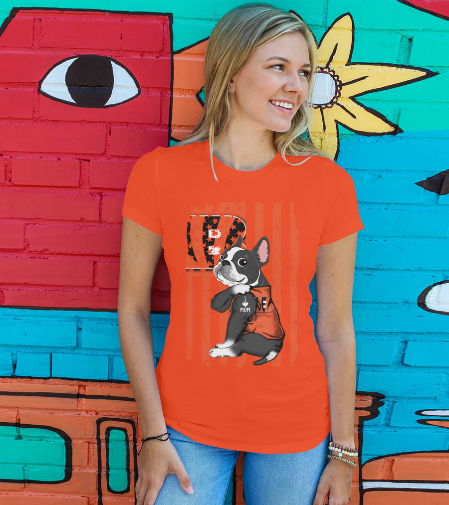 Boston Terrier Cincinnati Bengals B Stripes I Love Mom Football Fan Dog T-Shirt